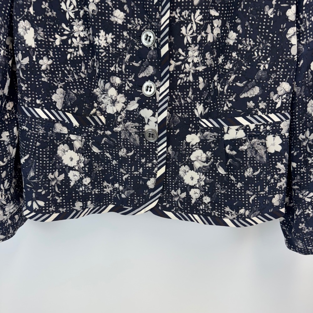Weill Paris 100% Silk Floral Polka Dot Striped Trim Blazer Navy White Size 10 - Picture 8 of 16